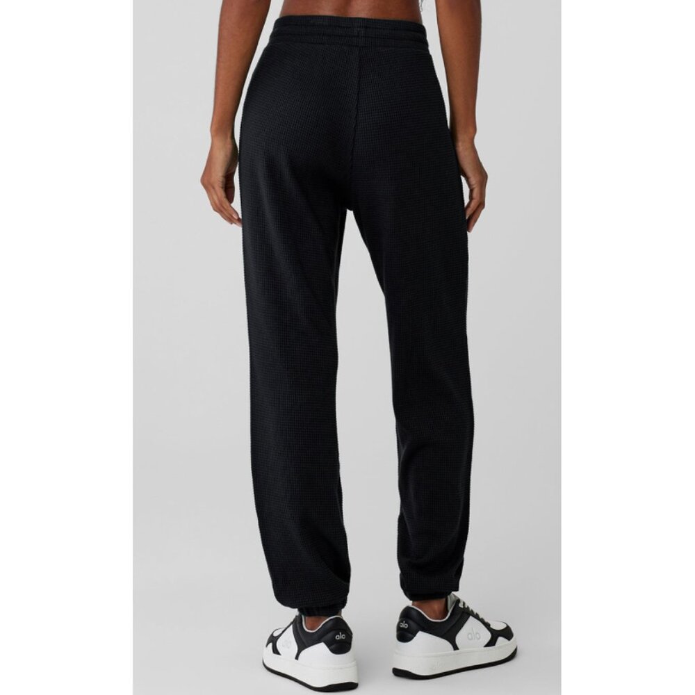 Alo Waffle Weekend Escape Joggers Black High-Rise Waist Thermal Sweats Sweatpant - Picture 2 of 12